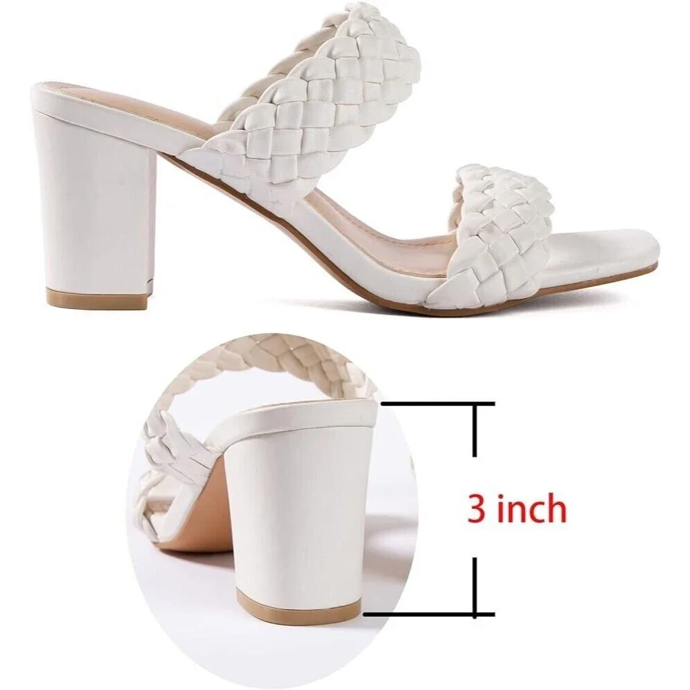 New Women White Braided Heels Sandals Chunky Block Heel Size 10 open toe